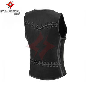 Femmes en détresse gris cuir moto cavalier gilet motard gilet Stretch panneaux latéraux à lacets avant fermeture à glissière classique - Product Image 5