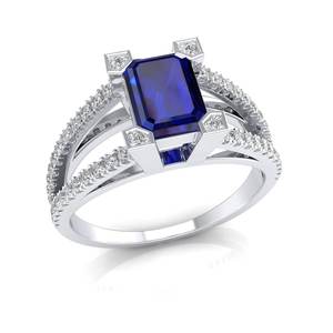 Anillo REYES Sparkle de Plata de Ley 925 con Zafiro Azul de Corte Esmeralda de 1 Quilate y Moissanita para Mujer, Regalo de Joyería Nupcial - Product Image 2