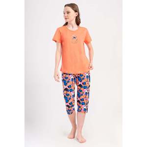 Conjunto de Pantalones Capri y Top de Cuello Redondo KADIN P.SUPREM O YAKA KISA KOL ETEGI OVAL - Color Coral - Product Image 3
