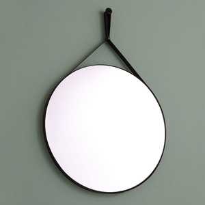 Round Design Wall <b>Mirror</b> with Black <b>Leather</b> <b>Strap</b> Frame for Bathroom - Product Image 1