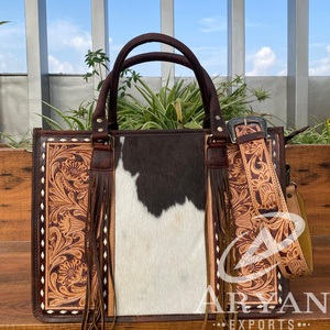 Nueva moda de pelo en cuero de vaca Floral mano de cuero con borlas bolso de mano oculto llevar mujeres monedero bolsos de cuero occidental - Product Image 1