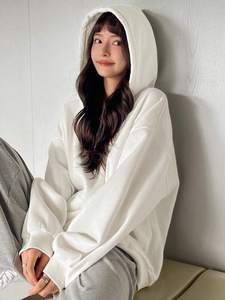 Sudadera con capucha blanca de gran tamaño para mujer 100% algodón polar pesado pulóver hombro caído ropa de calle minimalista sudadera ropa de invierno - Product Image 2