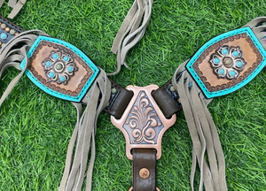 Original Argentina Beige Fringe Horse Headstall Pecho Collar Set Cuero Western Racing Arnés Parches - Product Image 5