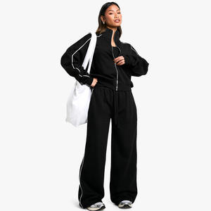 New Design Piping Detail <b>Zip</b> Through Straight Leg Tracksuit For Women Hoodie & <b>Jogger</b> 2 Piece Set For Casual Gym & Sportswear - Product Image 1