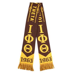 Iota Phi Theta 1963 Bufanda larga de punto acrílico Accesorio de invierno de la Fraternidad marrón y dorada con logotipo y extremos de borla - Product Image 1