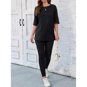 Leggings da donna a manica corta a t-shirt lunga a coste canotta doppio Set