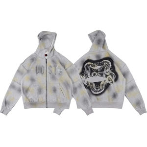 Haute Qualité En Gros Perdu Intricacy GRIS FADED Zipper Diamant clouté logo Serpent Imprimer Lavage À Capuche Pour Hommes - Product Image 1