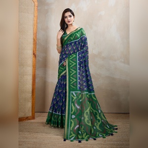 Tissu Chanderi Ikat vert bleu élégant, soie Banarasi, best-seller, vêtements de fête, vêtements de mariage, vêtements de fête indiens, sari de fête - Product Image 1