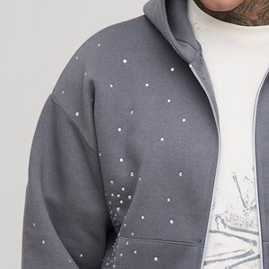 Venta al por mayor gris personalizado diamantes de imitación diseño hombres sudaderas con capucha transpirable respetuoso del medio ambiente invierno sudaderas con capucha Streetwear Casual hombres impreso Sudadera con capucha - Product Image 6