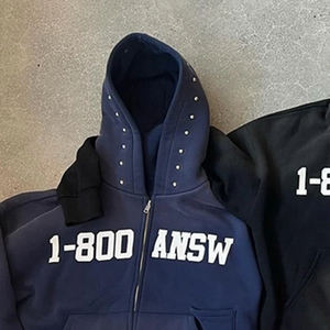 Sweat-shirts et sweats à capuche pour hommes en coton 100% tricoté, coupe ample, poids lourd 400 g/m², lavage à l'acide personnalisé, délavé au soleil, rivets, strass - Product Image 6