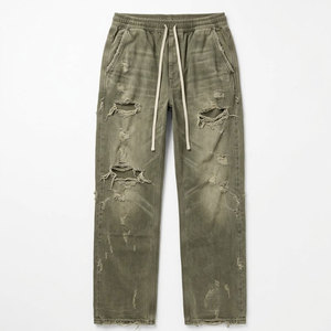Fashion Distressed Pants <b>Men</b> Ripped Washed <b>Trousers</b> <b>Drawstring</b> Waist Relaxed Cotton Streetwear Casual Everyday Bottoms - Product Image 1