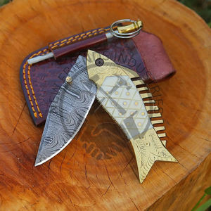 Venta caliente cuchillo plegable de Damasco personalizado ODM soporte alfileres de latón de madera azul y cuchillo de bolsillo de pescado reforzado grabado a mano - Product Image 6