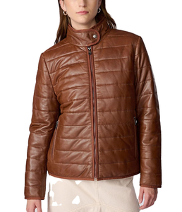 Chaqueta elegante de cuero genuino para mujer Estructura de moto clásica de piel de oveja de gama alta con cuello alto y ajuste moderno Delgado - Product Image 1