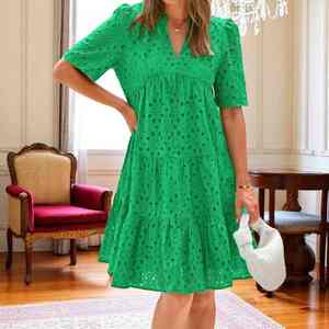 Robe de jour élégante en coton pour femmes, manches courtes, ligne A, taille naturelle, dentelle tissée, décoration, cadeau parfait - Product Image 3