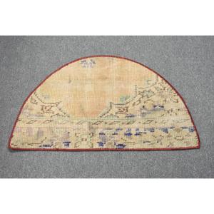 2.4x1.5 ft Turkish Rug, Vintage Round Rug, <b>Yellow</b> Patchwork <b>Wool</b> Rug - Product Image 1