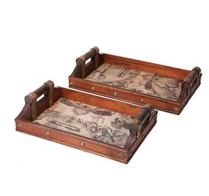 Juego de bandejas de madera para servir con asas (Juego de 2 bandejas de Decoración de cocina de granja) Organizador de mesa de centro decorativo - Product Image 1