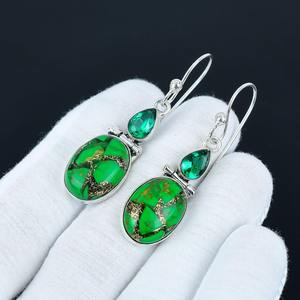 925 Sterling <b>Silver</b> Plated Bohemian Style Fashionable Green Cooper Turquoise Oval Gemstone Natural Bezel Anniversary <b>Earrings</b> - Product Image 4