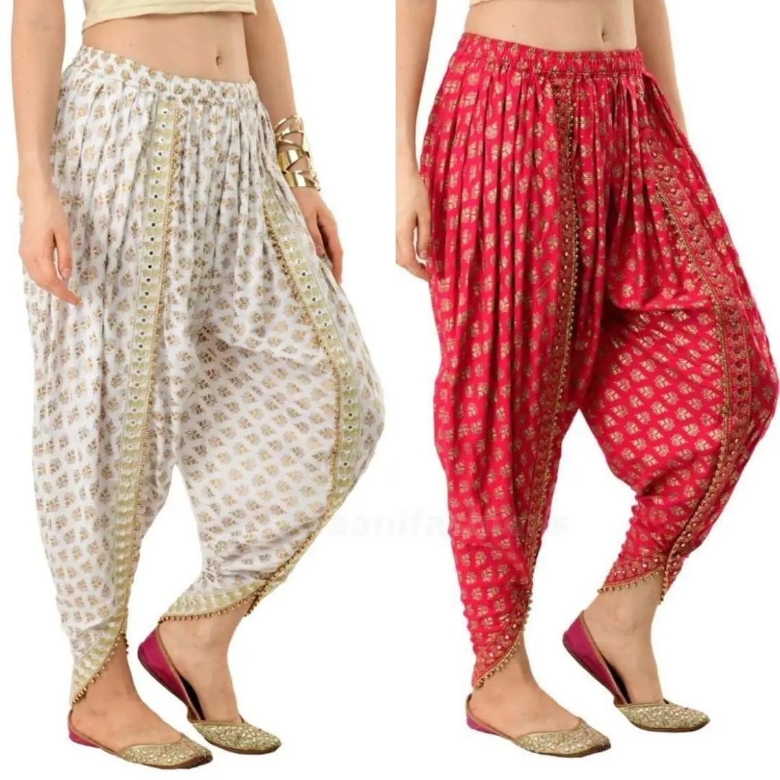 women's Thai pants in Indian silk. Boho wrap pants. Blue and pink floral paisley print with gold inserts.