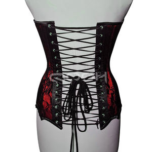 Corsé gótico de satén rojo con encaje negro, escote corazón, estilo burlesco, moldeador de cuerpo con copas y adornos elegantes - Product Image 6