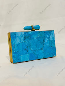 Turquoise Gemstone Mosaic <b>Clutch</b> with Beaded Handle Gold Frame Handmade Luxury Stone <b>Bag</b> <b>for</b> Parties <b>Weddings</b> Events - Product Image 2