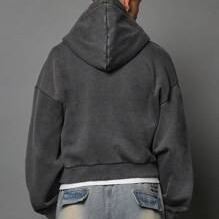 Customized Vintage <b>Zip</b> Acid Wash Cropped <b>Hoodies</b> French Terry 100% Cotton <b>Black</b> Screen Print Retro Wash Embroidered Enzyme Wash - Product Image 2