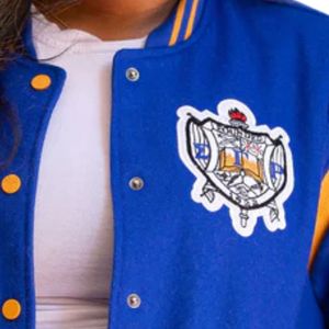 Chaqueta universitaria de oro azul para mujer con bordado de cresta Chaqueta forrada de lana suave para ropa de invierno de hermandad elegante - Product Image 4