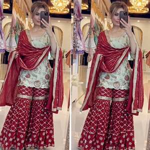 Traje de imitación Georgette Sharara Gharara de nuevo diseñador de moda proveedor al por mayor con trabajo de secuencia y bordado - Product Image 2