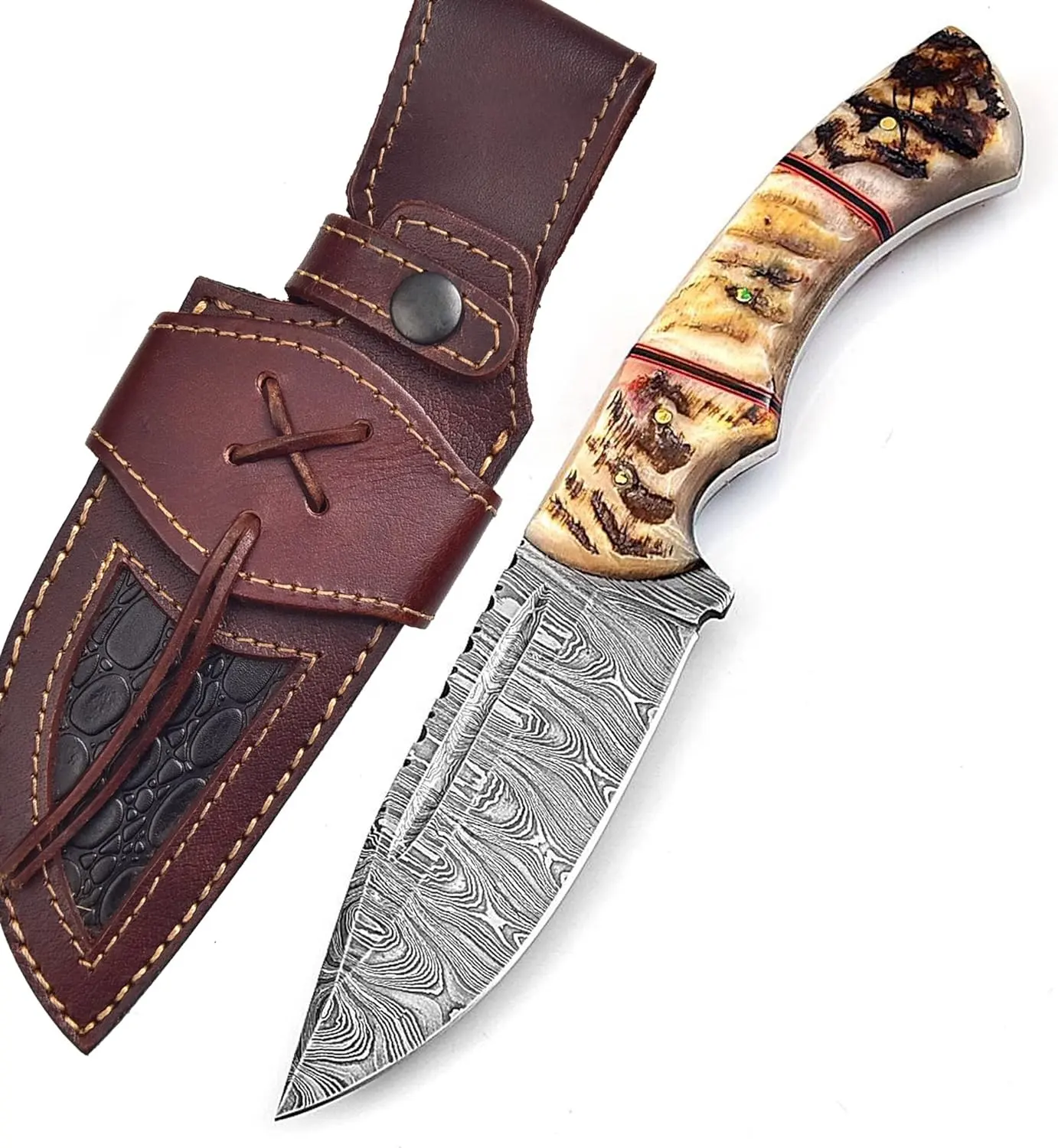 Custom Handmade Damaskus Stahl Jagdmesser mit Widder Horn Griff und feinem Leder Scheide Metzger Messer Camping Messer