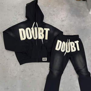 Ensemble de survêtement d'hiver deux pièces pour homme, personnalisé, en tissu épais, imprimé, avec broderie effet vieilli et pantalon de survêtement délavé à l'acide, vente en gros - Product Image 1