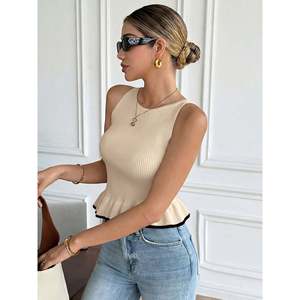 Women's Breathable Crocheted <b>Knit</b> <b>Tank</b> <b>Top</b> with Contrast Trim-Trendy Summer Vest - Product Image 4
