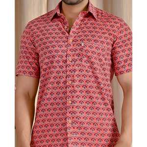 Chemise décontractée pour homme en coton pêche imprimé, col montant, manches courtes, tissu popeline respirant, taille 6XL - Product Image 2