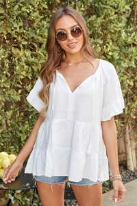 White Floral Vintage Tiered V-Neck Button Gauze Blouse Women Boho <b>Peasant</b> <b>Top</b> Short Sleeve Smocked Ruffle Casual Summer - Product Image 6