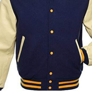 Chaqueta de Hombre Azul Rey, Mezcla de Lana, Mangas Estilo Cuero Amarillo Mostaza, Ribete Acanalado a Rayas, Cierre de Botones a Presión, Ropa Urbana de Moda - Product Image 6
