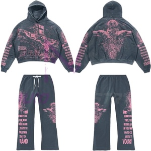 Ensemble de survêtement pour homme surdimensionné, pantalon de survêtement évasé, derniers survêtements, survêtement personnalisé imprimé à l'écran, survêtement en strass, ensemble de survêtement à capuche - Product Image 1