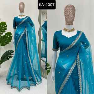 Sari en filet souple avec séquence de codage pour le travail Sari de fantaisie avec dentelle fantaisie avec Codding et Sequnce Work Blouse - Product Image 6