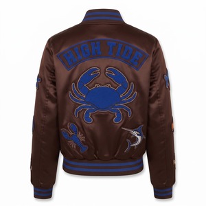 Chaqueta Bomber Corta de Satén para Mujer, Color Marrón Chocolate y Azul Rey, con Parche de Cangrejo de Chenilla Bordado, Logotipo Personalizado OEM - Product Image 2