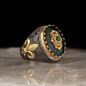 Anillo de Hombre Estilo Otomano Vintage en Plata de Ley 925, Chapado en Rodio y Oro Bicolor, Modelo RCEGYT-266 - Product Image 1