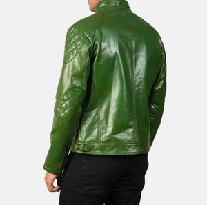 Vestes en cuir pour hommes avec poches personnalisées teintées en vert Veste en cuir à col montant Veste en cuir de moto avec fermeture éclair - Product Image 4