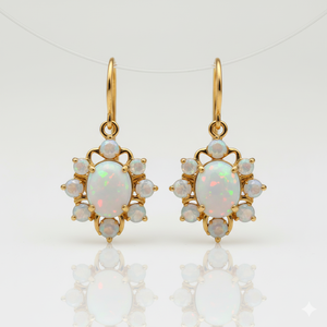 ต่างหูโอปอล 8 กรัม และเพชร CZ |   โอปอลรูปไข่ขนาด 8x10 มม. ประดับด้วยเพชร CZ ทรงกลมขนาด 2 มม. |   การตกของน้ำหนัก 4 นิ้ว |   เครื่องประดับเงินแท้ 925 ชุบทอง 18K - Product Image 3