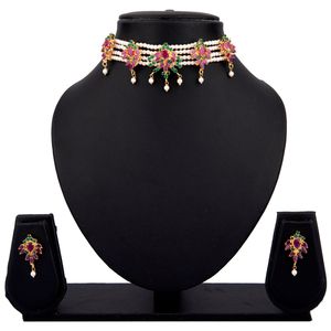 Bijoux fantaisie plaqué or CZ fausse perle mariée mariage pendentif collier tour de cou collier boucles d'oreilles ensemble - Product Image 4