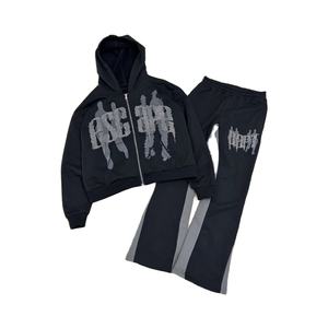 Ensemble de survêtement 100% coton pour hommes, pantalon évasé délavé à l'acide, sweat à capuche avec strass, tout imprimé, logo en détresse, polaire, hiver - Product Image 1