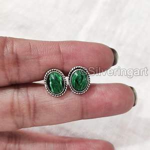 Pendientes de Botón para Mujer, Gema de Malaquita Natural, Regalo de Navidad, Joyería Bohemia Unisex Hecha a Mano, Pendientes de Plata de Ley 925 - Product Image 5