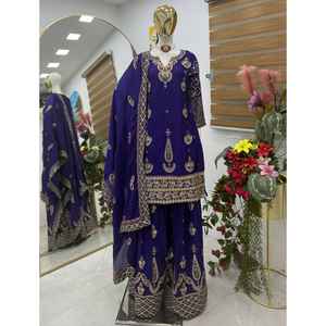 LANCEMENT DU NOUVEAU DESIGNER FESTIVE WEAR SHARARA PALAZZO TISSU PURE CHINON SOIE AVEC DENTELLE DE TRAVAIL À LA FRONTIÈRE - Product Image 1