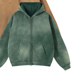 <b>Brown</b> And Green Acid Washed Zip Hoodie Oversized Vintage Look Soft <b>Fleece</b> Full Zipper Streetwear Sweatshirt Winter Wear - Product Image 2