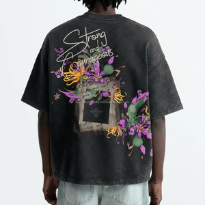 เสื้อยืดผู้ชายลายกราฟิกดอกไม้สีม่วงสไตล์วินเทจทรงโอเวอร์ไซส์  ผ้าฟอกสีดำ  แข็งแรงและกล้าหาญ  รับผลิตตามแบบ OEM - Product Image 2