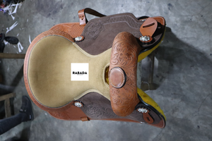 Selle occidentale en cuir véritable teinté par tambour Selles de trail de plaisir de baril Selles de course de chevaux anglaises d'Inde - Product Image 5