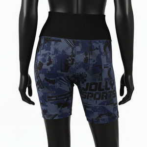 Shorts de mujer tipo booty, 220 GSM, poliéster y spandex, azul y negro con paneles, cintura alta, logotipo personalizado por sublimación, shorts tipo booty para mujer - Product Image 2