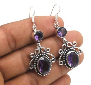 ต่างหูพลอยอเมทิสต์ชุบเงินจากโรงงานโดยตรงต่างหูห้อยแบบฝรั่งเศสสีชมพูสีชมพูตุ้มหูทรงเรขาคณิต - Product Image 3