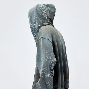 เสื้อฮู้ดดี้ทรงบ็อกซี่สำหรับผู้ชาย แบรนด์ OEM สตรีทแวร์ ผ้าเฟรนช์เทอร์รี่ 500 กรัม 100% ผ้าฝ้าย ปักลายตามสั่ง ประดับคริสตัล ล้างสีแบบแอซิดวอช ซิปหน้า สำหรับฤดูใบไม้ร่วง - Product Image 4