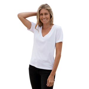 T-shirt blanc pour femme, col en V profond, 100% coton biologique de luxe, pré-rétréci, certifié GOTS, doux, respirant, coupe classique - Product Image 3